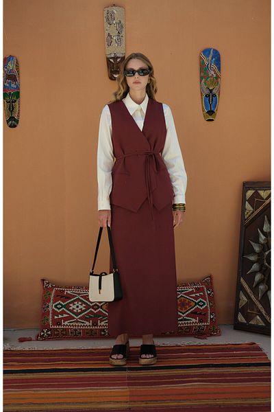 Fatma Atasoy Tie-Up Linen Burgundy Vest Skirt Suit