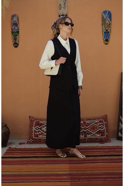Fatma Atasoy Tie-Up Linen Black Vest Skirt Suit