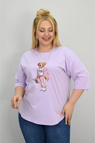 Koza Butik Women's Plus Size Short Sleeve Stone Detailed Bear Printed Oversize T-Shirt 1926-25