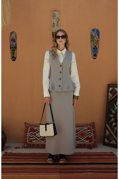 Fatma Atasoy Peplum Linen Gray Vest Skirt Suit