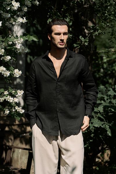 BOHEMAİ Ανδρικό πουκάμισο Ombretta Μαύρο Λινό Oversize