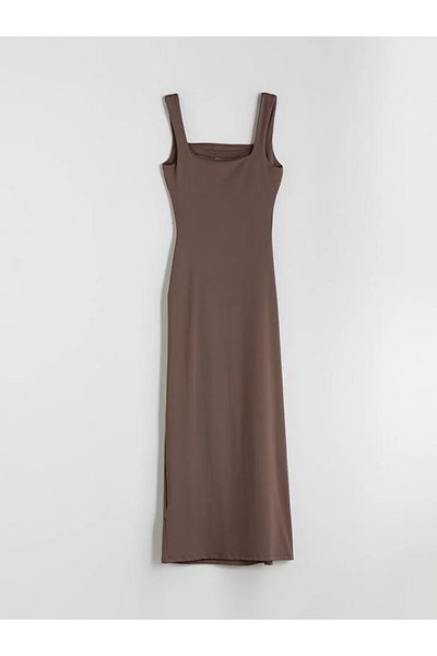 LC Waikiki Xside Brown Square Neck Gathered Bodycon Dress