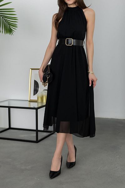 Neşeli Butik Women Halter Neckline with Belt Chiffon Dress Nbmy3734