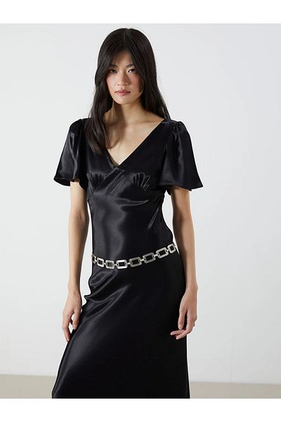 LC Waikiki Xside Black V Neck Gathered Satin Dress