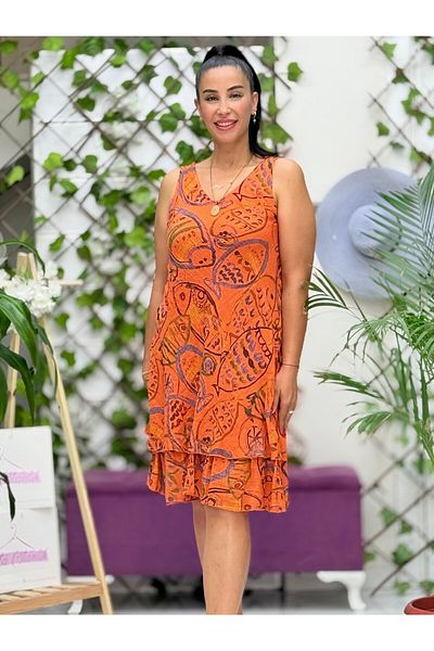 Punta Otantik Nc50131 Italian Cotton Linen Sleeveless Dress Orange