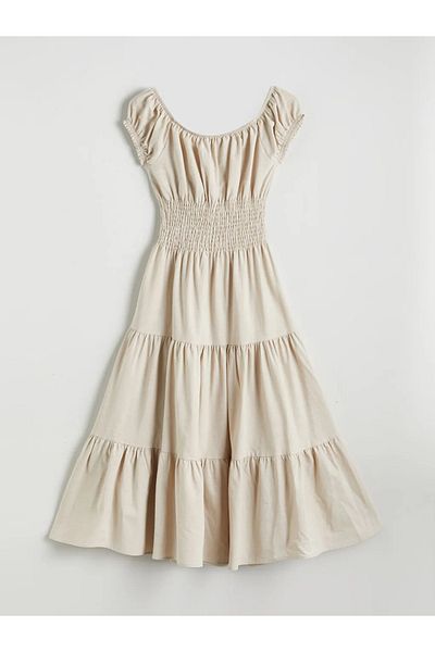 LC Waikiki Xside Beige Tie Collar Gipeli Fold Dress