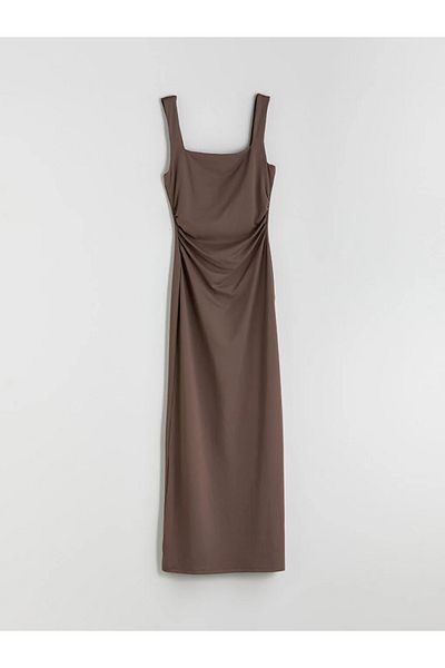 LC Waikiki Xside Brown Square Neck Gathered Bodycon Dress