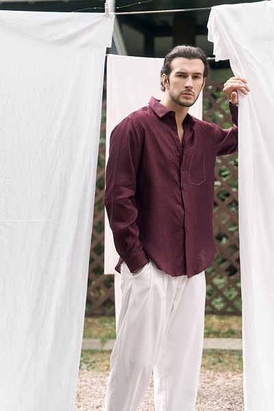 BOHEMAİ Ανδρικό πουκάμισο Oversize Ombretta Claret Red Linen