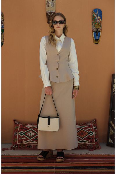 Fatma Atasoy Peplum Linen Stone Vest Skirt Suit