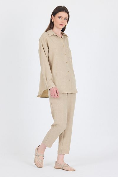 Rays Beige Shirt and Elastic Waist Trousers Double Set 4813A