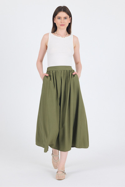 Rays Olive Green Linen Look Midi Skirt with Pocket Detail 2344