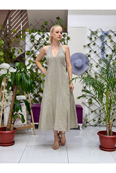 Punta Otantik Nc14968 Italian Neck Tie Backless Linen Dress Mink