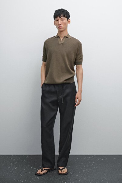 Massimo Dutti Dokulu triko V yaka polo t-shirt