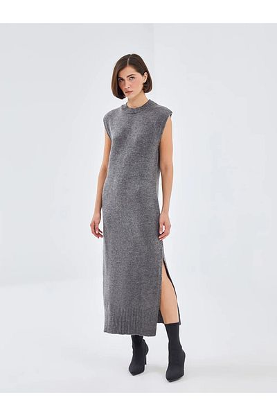 LC Waikiki Anthracite Crew Neck Women's Knitwear Dress