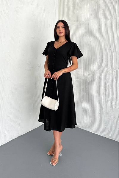 Neşeli Butik Women's Belted Double Breasted Collar Linen Dress Nbk058
