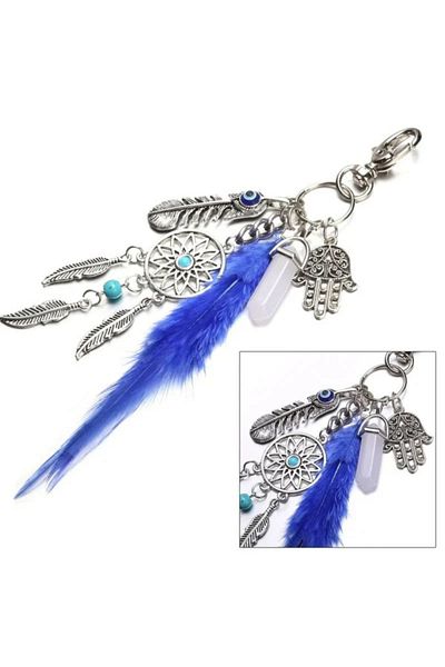 OEM Breloc Dreamcatcher cu pene albastre, accesoriu simbolic și protecție pentru iubitorii de boho