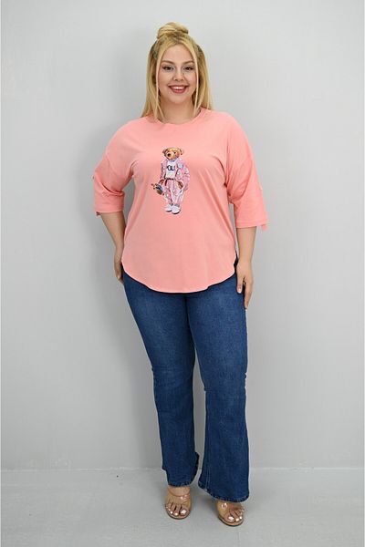 Koza Butik Women's Plus Size Short Sleeve Stone Detailed Bear Printed Oversize T-Shirt 1926-25