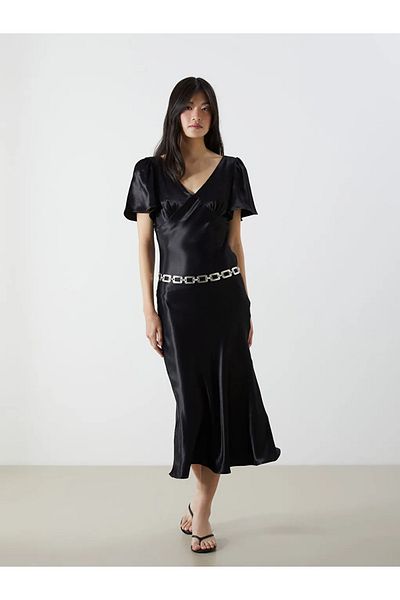 LC Waikiki Xside Black V Neck Gathered Satin Dress