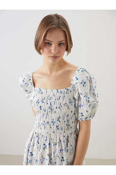 LC Waikiki Xside White Square Neck Floral Poplin Dress