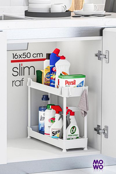 Mowo Home Λεπτό λευκό 2 επιπέδων Organizer Μπάνιου Mutak Rack, Ντουλάπα κάτω από τον πάγκο κάτω από το νεροχύτη Θήκη απορρυπαντικού