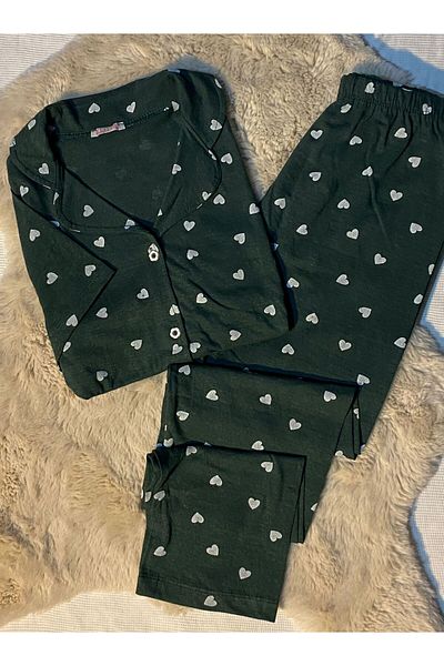 şıklık durağı Green Heart Pattern Cotton Combed Women's Pajamas Set