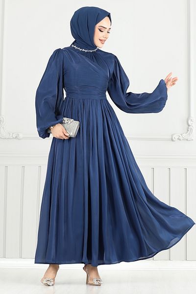 ModaMerve Βραδινό φόρεμα Hijab με πέτρες στο γιακά 6180EMO919-M Navy