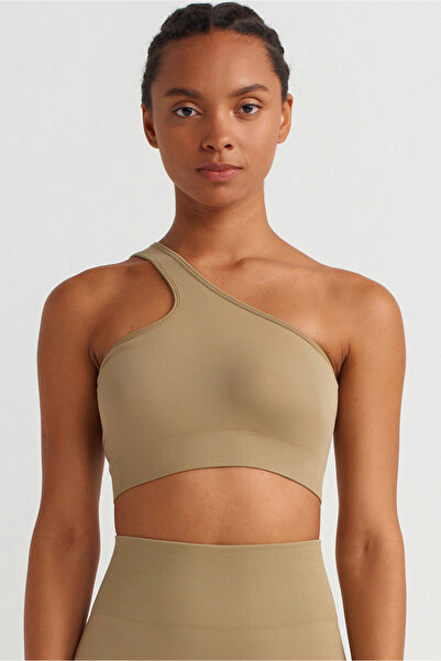 COMEUP One Shoulder Drawstring Back Sports Bra Earth Green