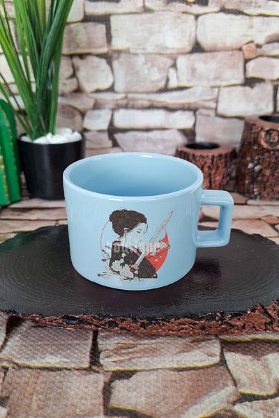 qoeuyl boutique Samurai Girl 2 Printed Anime Warrior Girl Japanese Manga Square Cup with Handle Blue Mug Cup