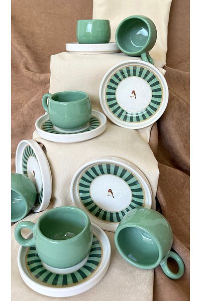 Erbaşlar Love Bird Green Series Chubby 12 Piece Luxury Ceramic Chubby Coffee Cup Set Turkish Coffee Cup