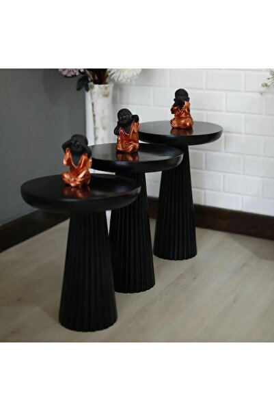 Store Ahşap 3’lü Set Fitilli Mantar Yan Sehpa Modern Siyah Renk