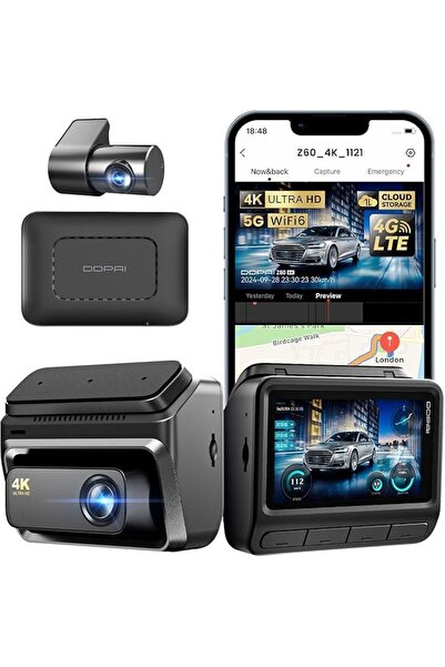 DDPAI كاميرا Z60 4G للوحة القيادة للسيارات الأمامية والخلفية، وكاميرا مراقبة عن بعد بدقة 4K+1080P، وتخزين سحابي، حتى