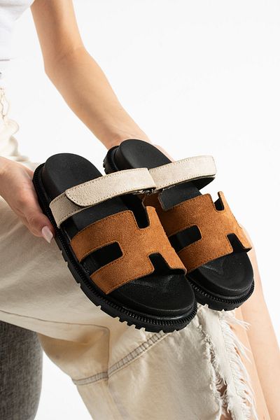 Moda Devrin Tan Suede Velcro Anatomical Comfortable Sole Women's Slippers