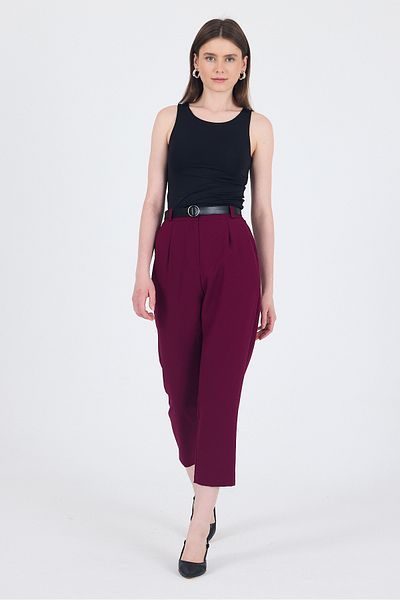 Rays Burgundy High Waist Belted Carrot Cut Trousers 6418A