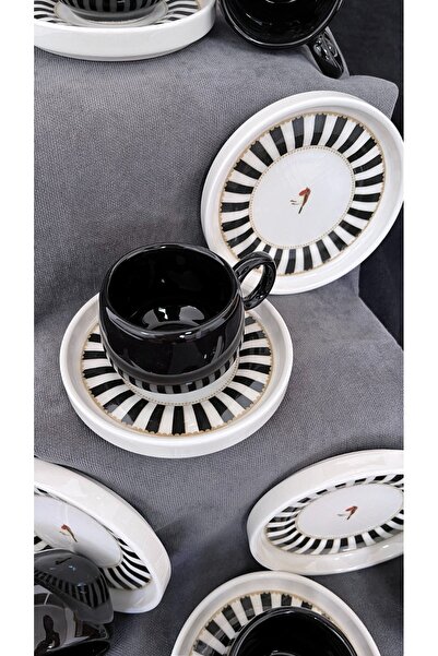 Erbaşlar Love Bırd Siyah Seri Tombul 12 Parça Lüx Seramik Tombul Kahve Fincan Takımı Türk Kahvesi Fincanı