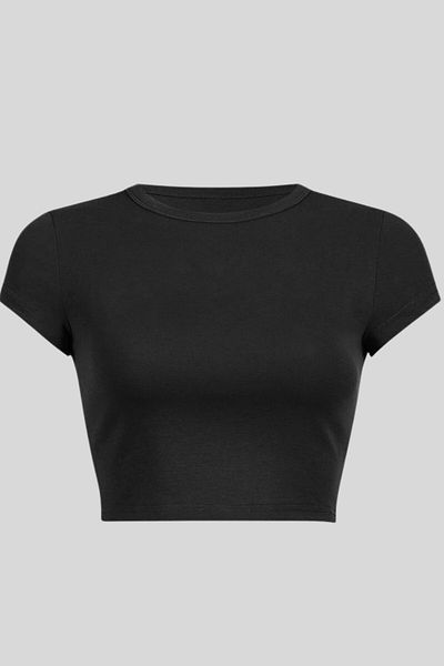Seamoda Crew Neck Short Sleeve Crop Rib Tshirt+-Black