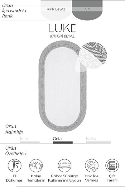 Cool Halı Luke Beyaz Gri Yıkanabilir Oval Mutfak Halısı Dekoratif Leke Tutmaz Hasır Tezgah Önü Mutfak Paspası