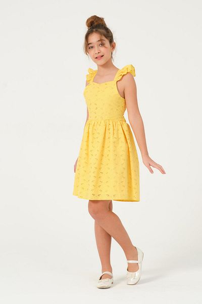 SUBU TASARIM Girls' Lace Ruffle Strap Dress Yellow Tbskvc1028
