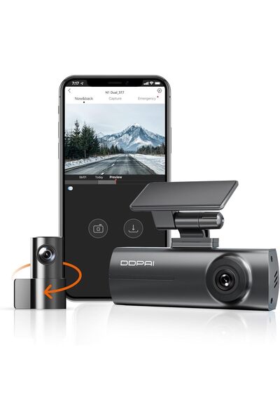 DDPAI كاميرا لوحة القيادة للسيارات، كاميرا أمامية وخلفية بدقة 1296 بكسل + 1080 بكسل، كاميرا مدمجة بشبكة واي فاي، تصوير ليلي فائق