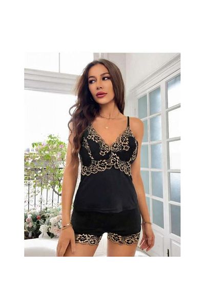 Findit Lace Embroidered Black Thin Strap Satin Shorts Suit