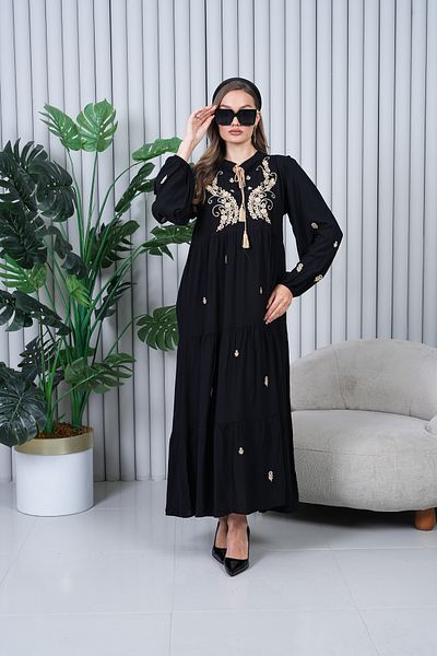 EL jadida Women's Embroidered Tassel Plus Size Hijab Dress Black
