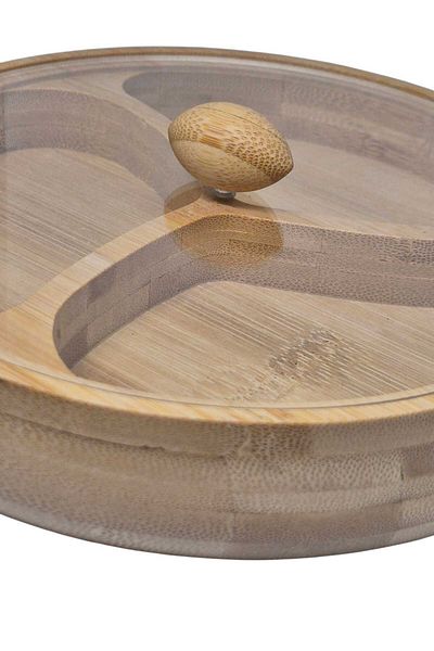Eşya Dünyası 3 Compartment Bamboo Round Presentation Plate Snack Plate with Lid