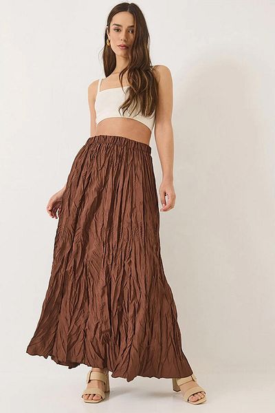 TENA Women's Brown Elastic Waist Long Satin Skirt with Ruffles at the Hem