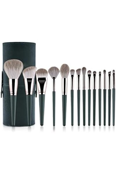 14 Pcs Makeup Brushes Set, Green, Soft Synthetic Bristles, Wooden Handle Makeup Tool Kit