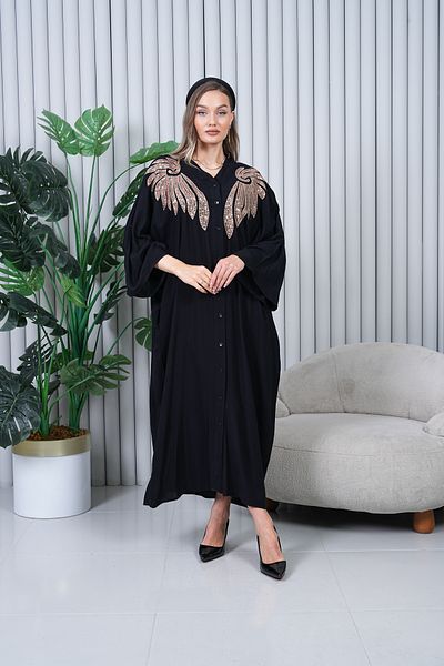 EL jadida Women's Sequin Buttoned Viscose Long Dress Black
