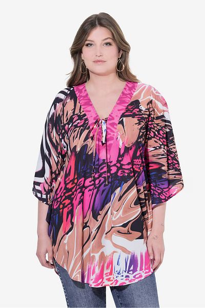 Şans Women's Plus Size Colorful, Relaxed Fit, Collar Lace-Up Chiffon Blouse 65N38993