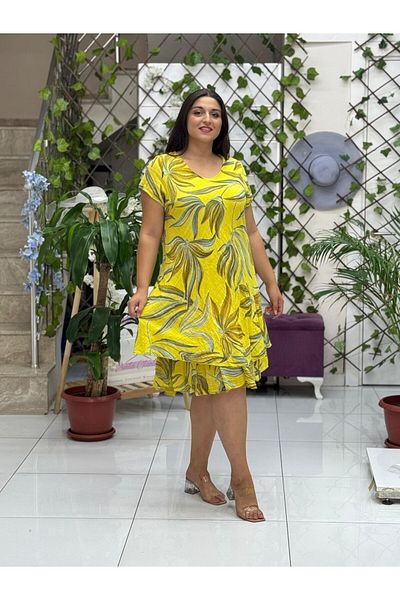 Punta Otantik Nc50122Italian Short Sleeve Cotton Linen Dress Yellow