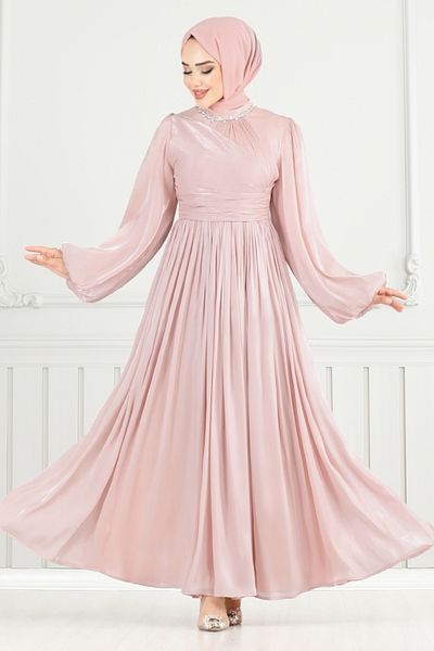 ModaMerve Βραδινό φόρεμα Hijab με πέτρες στο γιακά 6180EMO919-M Πούδρα