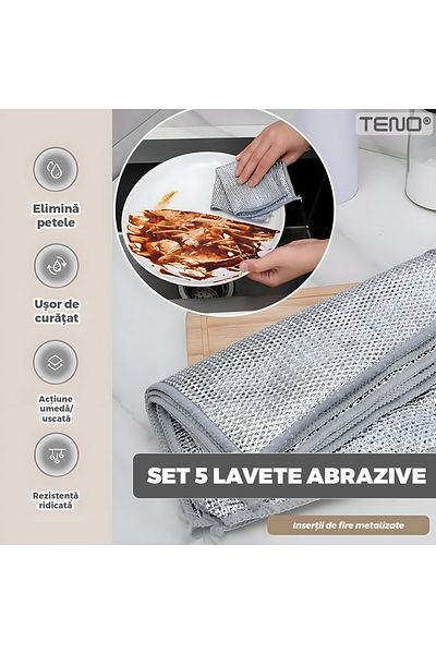 Teno Set of 5 Teno® Abrasive Cloths, steel wire fabric, double layer, non-stick, 20 x 20 cm, gray