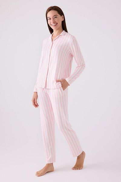 Arnetta Women's Pink Pajama Suit, Button-Down, Pink and White Stripes