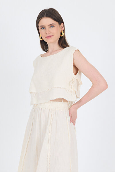 Rays Bluză naturală din muselină 100% bumbac cu detaliu de legare laterală 7041